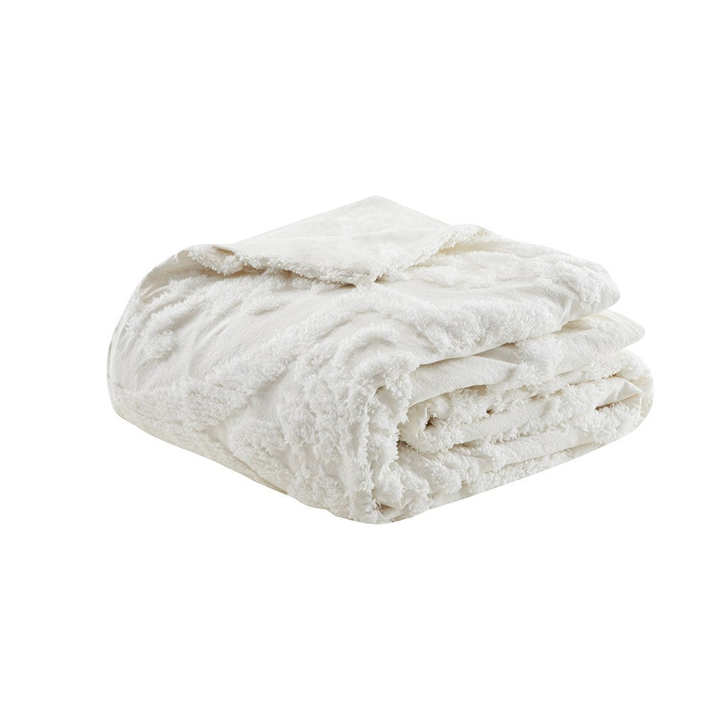 King/Cal King 3 Piece Tufted Cotton Chenille Damask Duvet Cover Set - Off-White