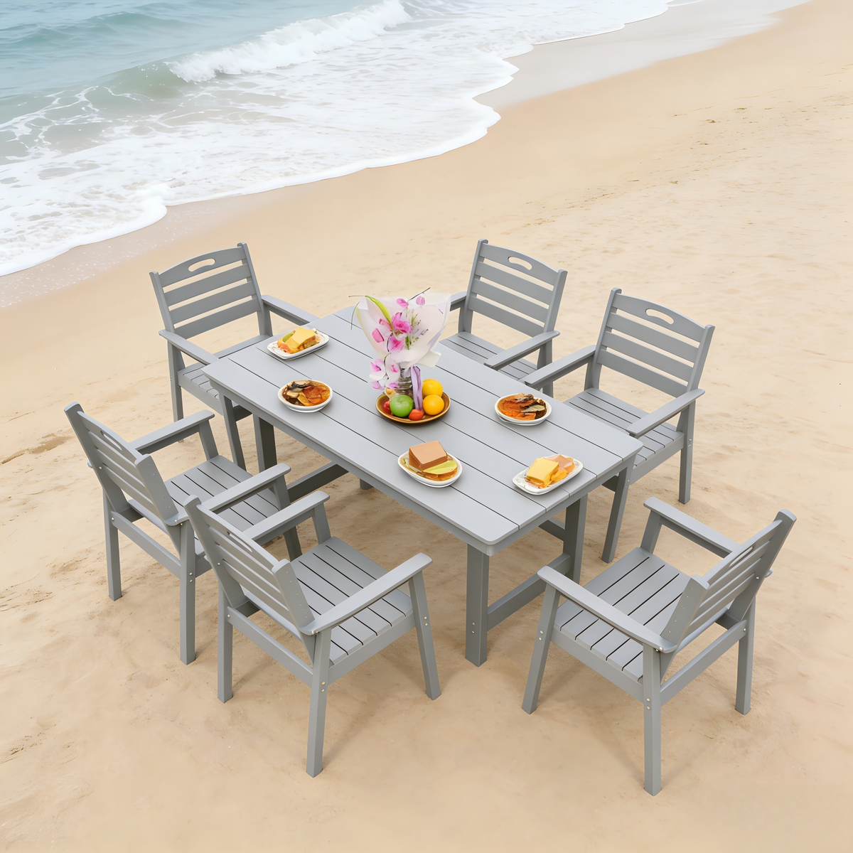 HDPE Outdoor Patio Dining Set with Table and Six Chairs