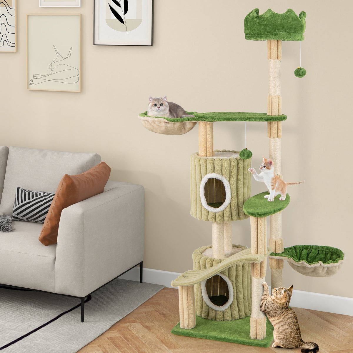 63 Inch Multi-Level Aesthetic Stripped Kitten Tower with 2 Condos-Green