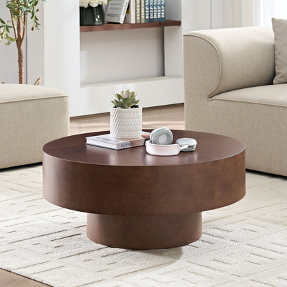 Faux Burl Wood Round Coffee Table with Sturdy Pedestal - Walnut