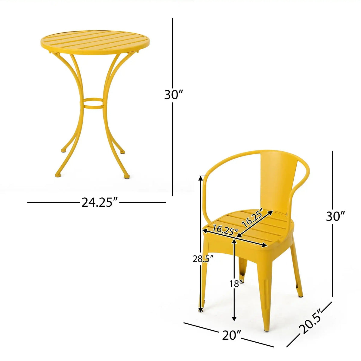 Colmar 3 Piece Metal Outdoor Set with Stackable Armchairs – Light Blue or Yellow