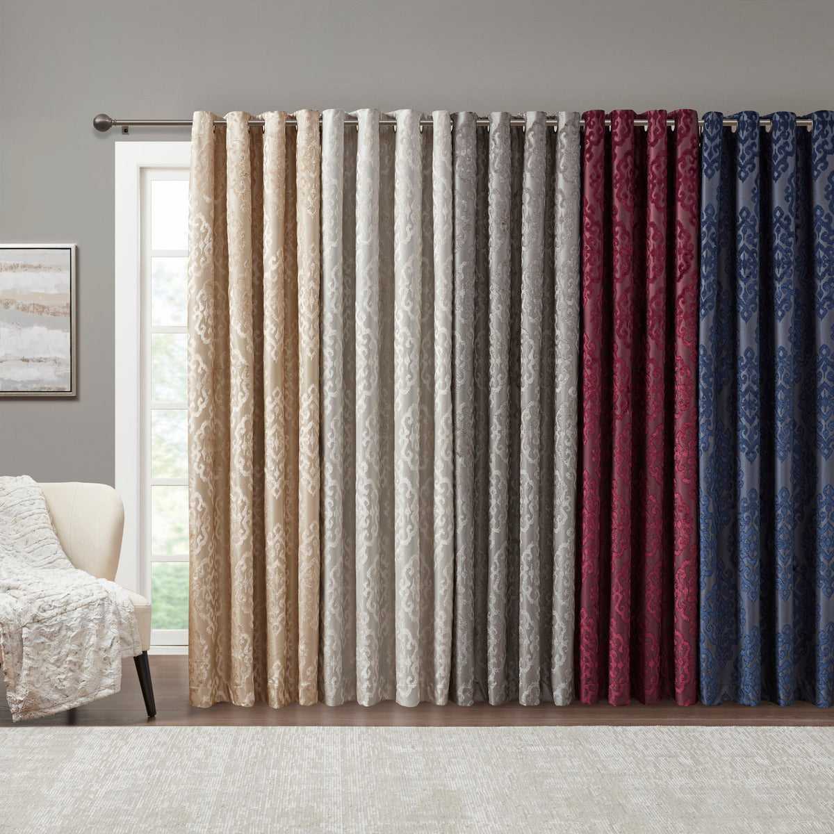 Knitted Jacquard Damask Total Blackout Curtain Panel with Silver Grommets - Silver