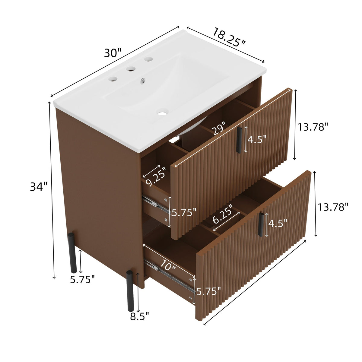 Fluted Bathroom Vanity with Ceramic Sink - Freestanding Wood Design