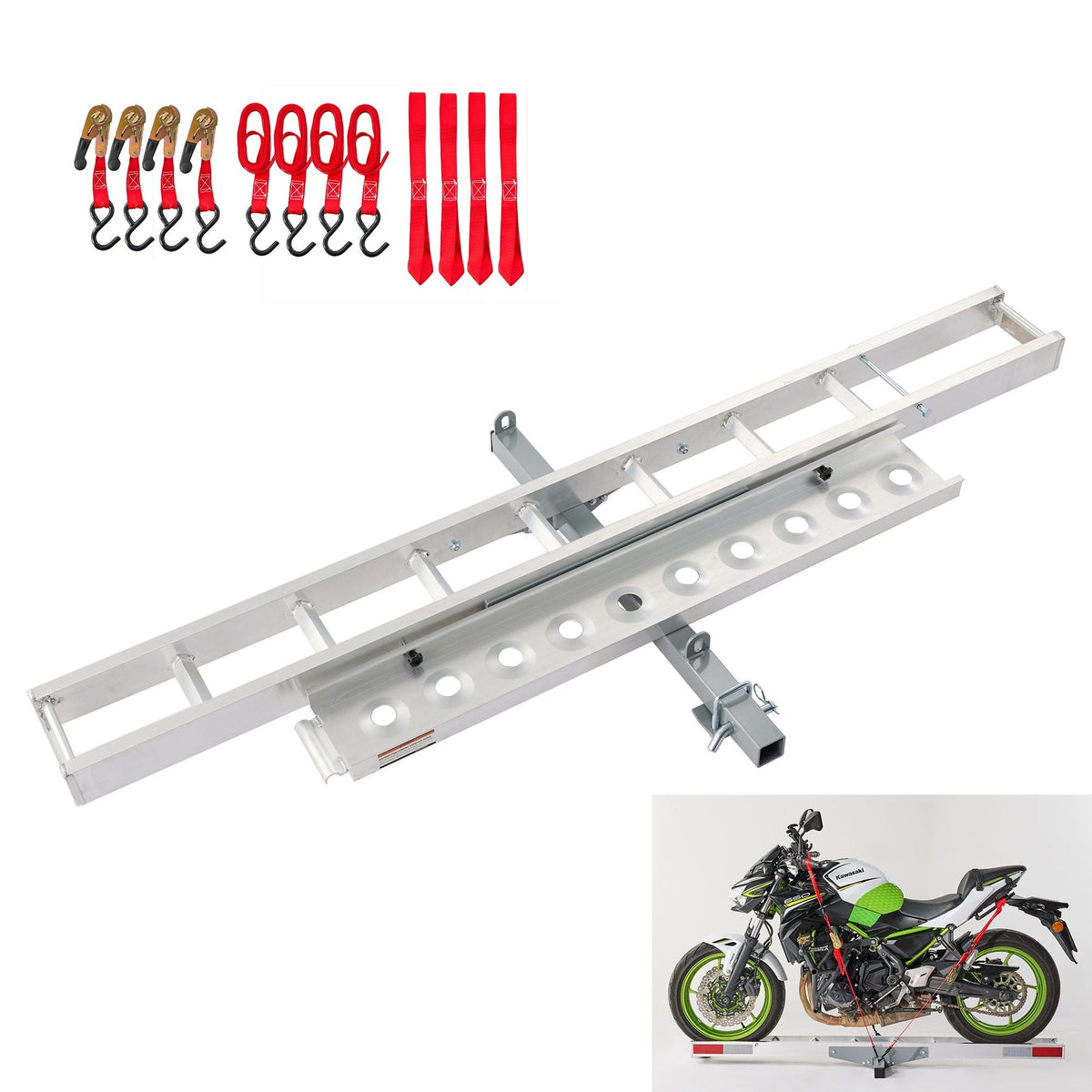 Motorcycle Hitch Mount Carrier with Ramp - Rust-Resistant Silver