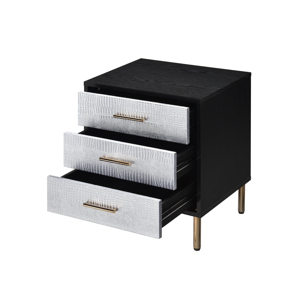 Black Accent Nightstand with Metal Legs and Three Drawers