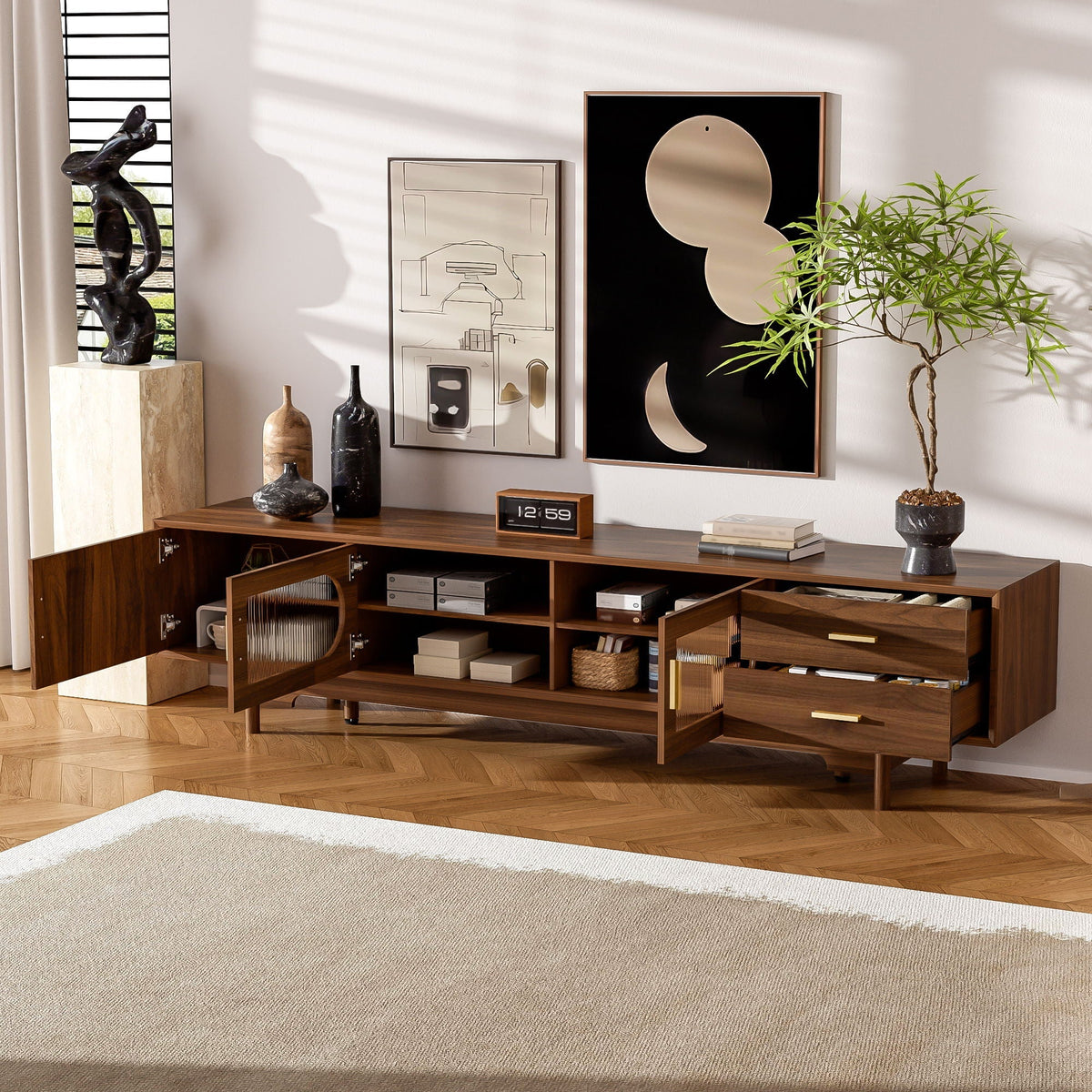 Walnut TV Stand With Fluted Doors and 2 Drawers