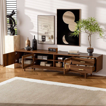 Walnut TV Stand With Fluted Doors and 2 Drawers
