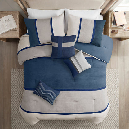 Blue Faux Suede Queen Comforter Set with Decorative Pillows - 7 Piece