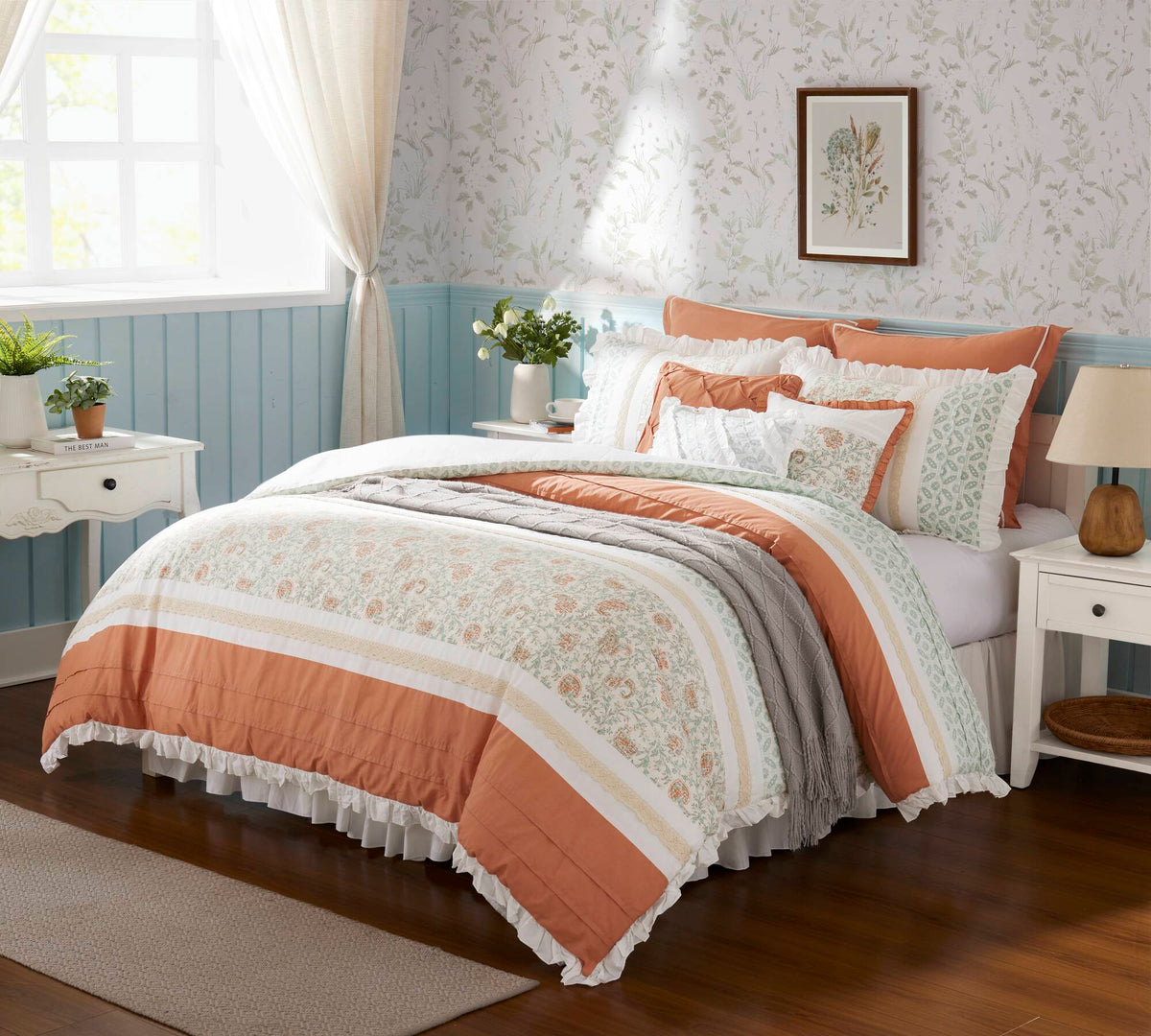 Coral Cotton Percale Comforter Set with Pintucking and Lace Taping - Queen