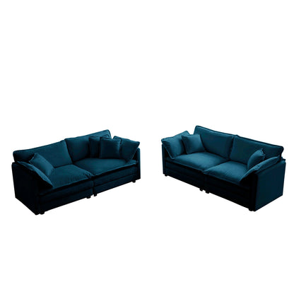 Blue Chenille Sofa Set with Solid Wood Frame - 2 Piece
