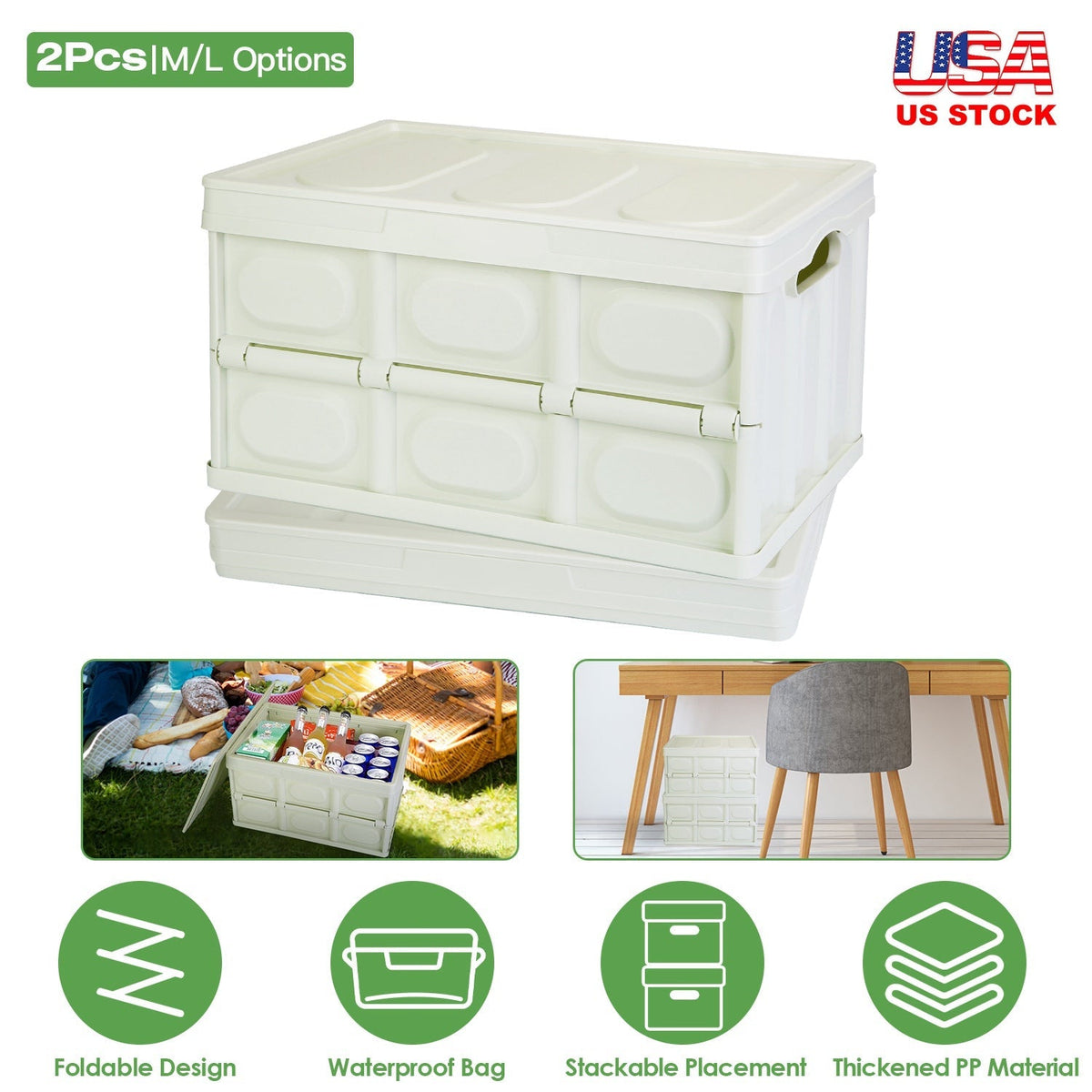 2Pcs 56L Collapsible Storage Bins With Dustproof Lid Waterproof Interior Bag Handle Stackable Storage Box Container Utility Organizer Crate For Campin