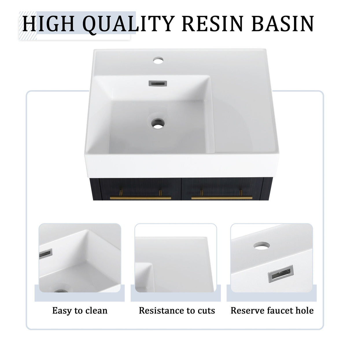 Modern Wall Mounted Bathroom Vanity with Resin Sink - Black