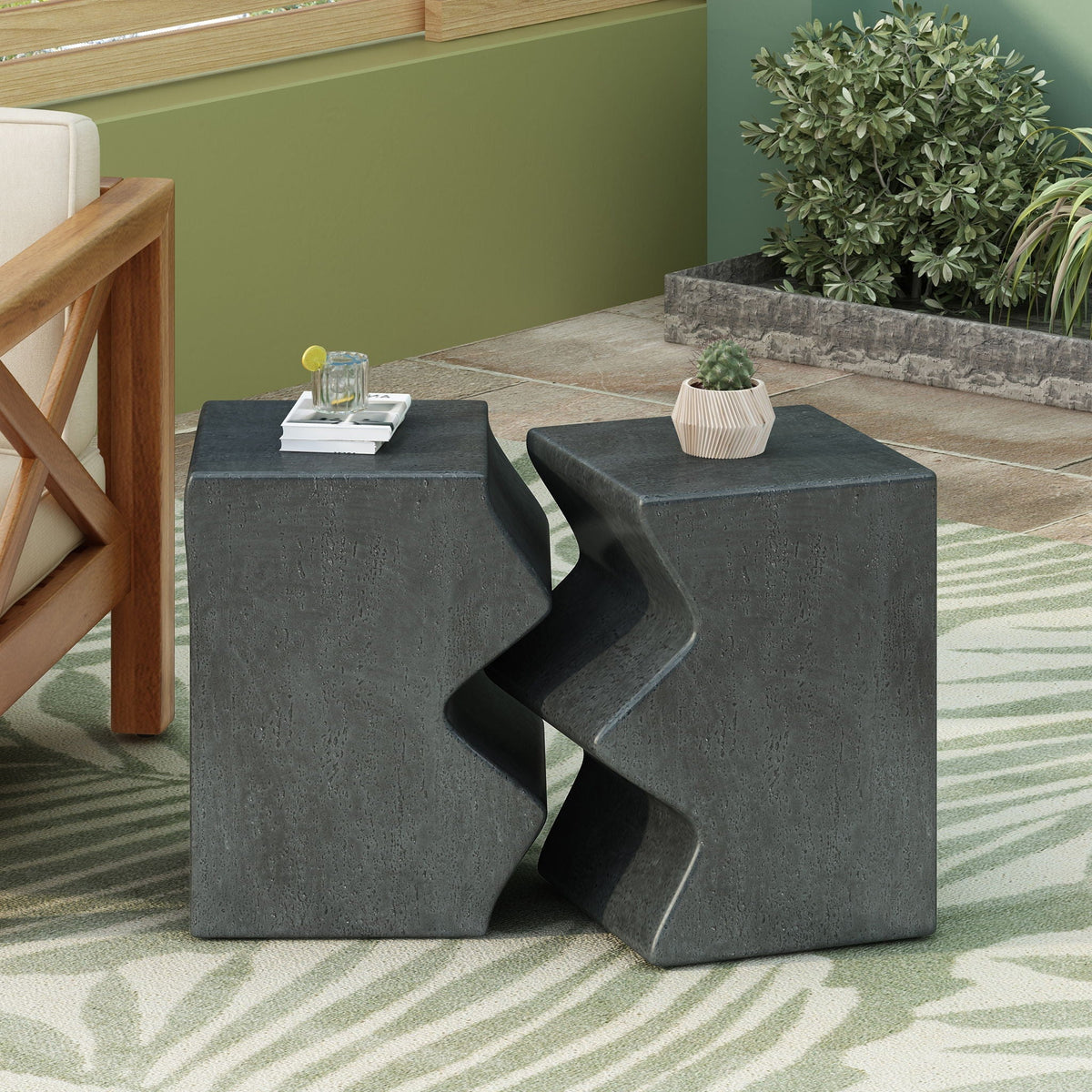 Rectangular Outdoor Indoor Accent Side Table Set of 2 with MGO Durability – Dark Gray or Light Brown