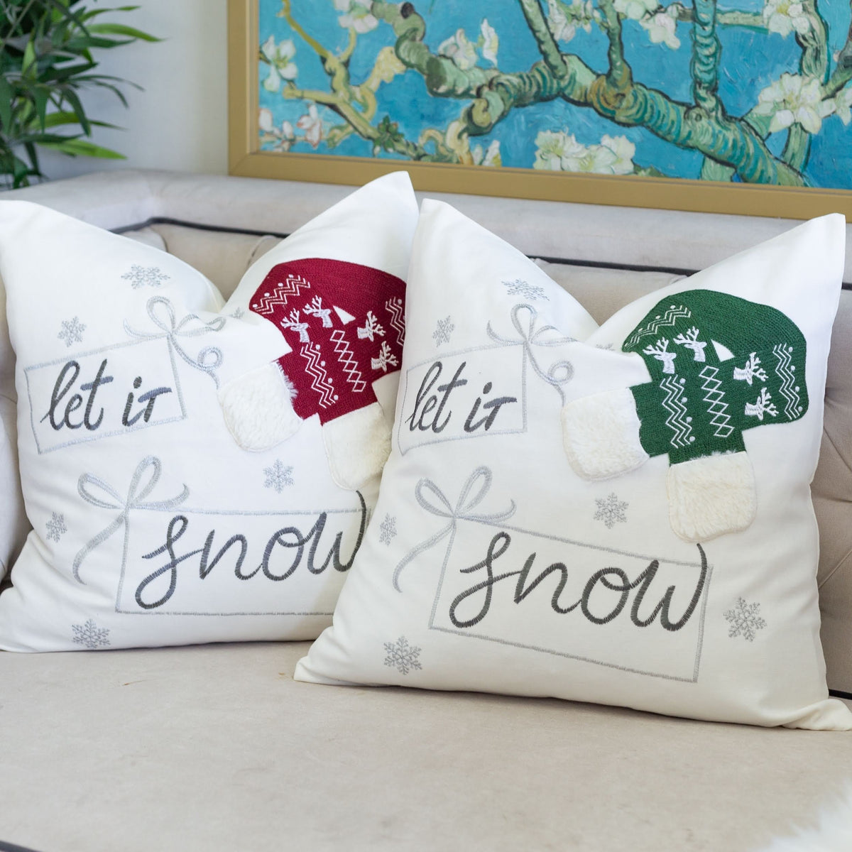 Let It Snow Christmas Throw Pillow with Embroidery - Cotton