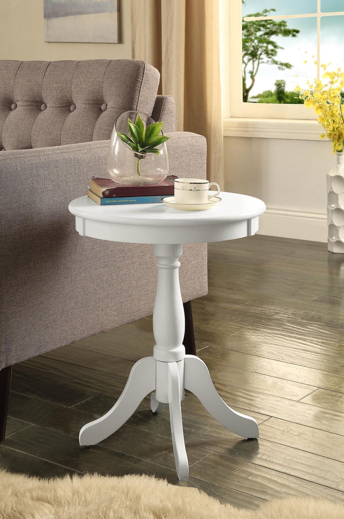 White Wooden Accent Table with Turned Pedestal - Alger