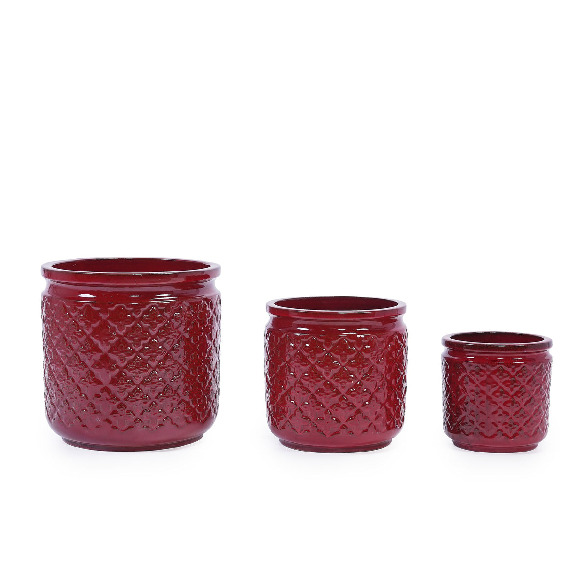 Bean Paste Red Ceramic Flowerpot Set with Diamond Pattern - 3 Pieces