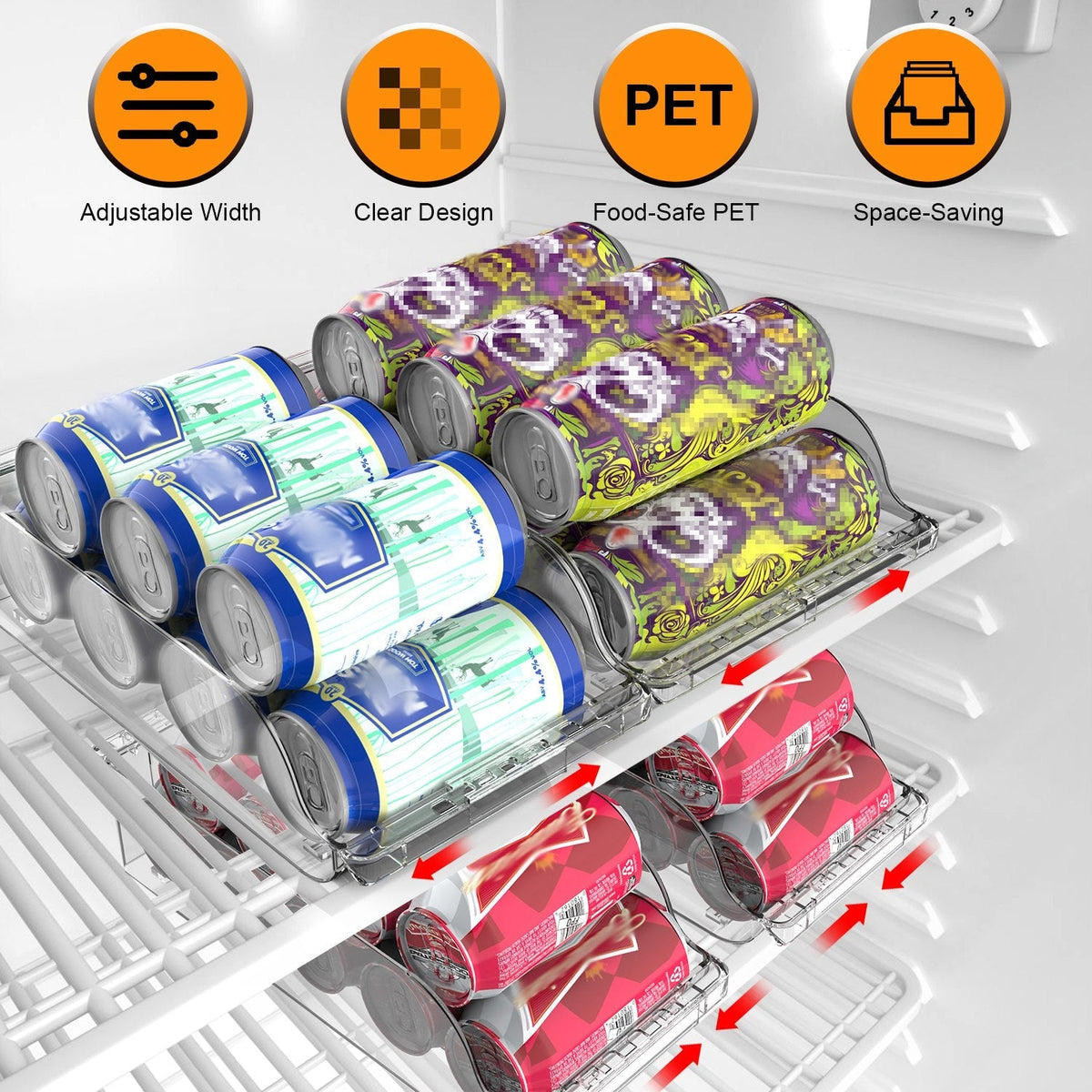 4Pcs Soda Can Organizers for Refrigerator Width Adjustable Clear Drink Organizer Expandable Can Holder Dispenser for Fridge Pantry Freezer