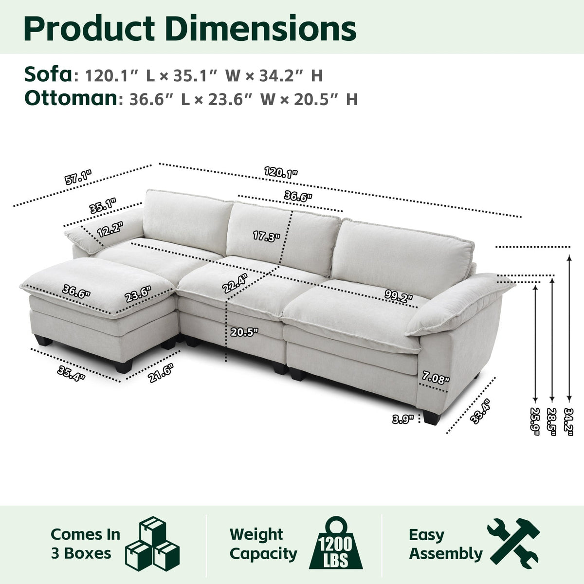 L Shape Living Room Sofa with Ottoman in Soft Chenille Beige