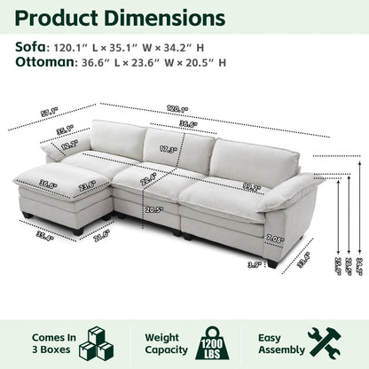L Shape Living Room Sofa with Ottoman in Soft Chenille Beige