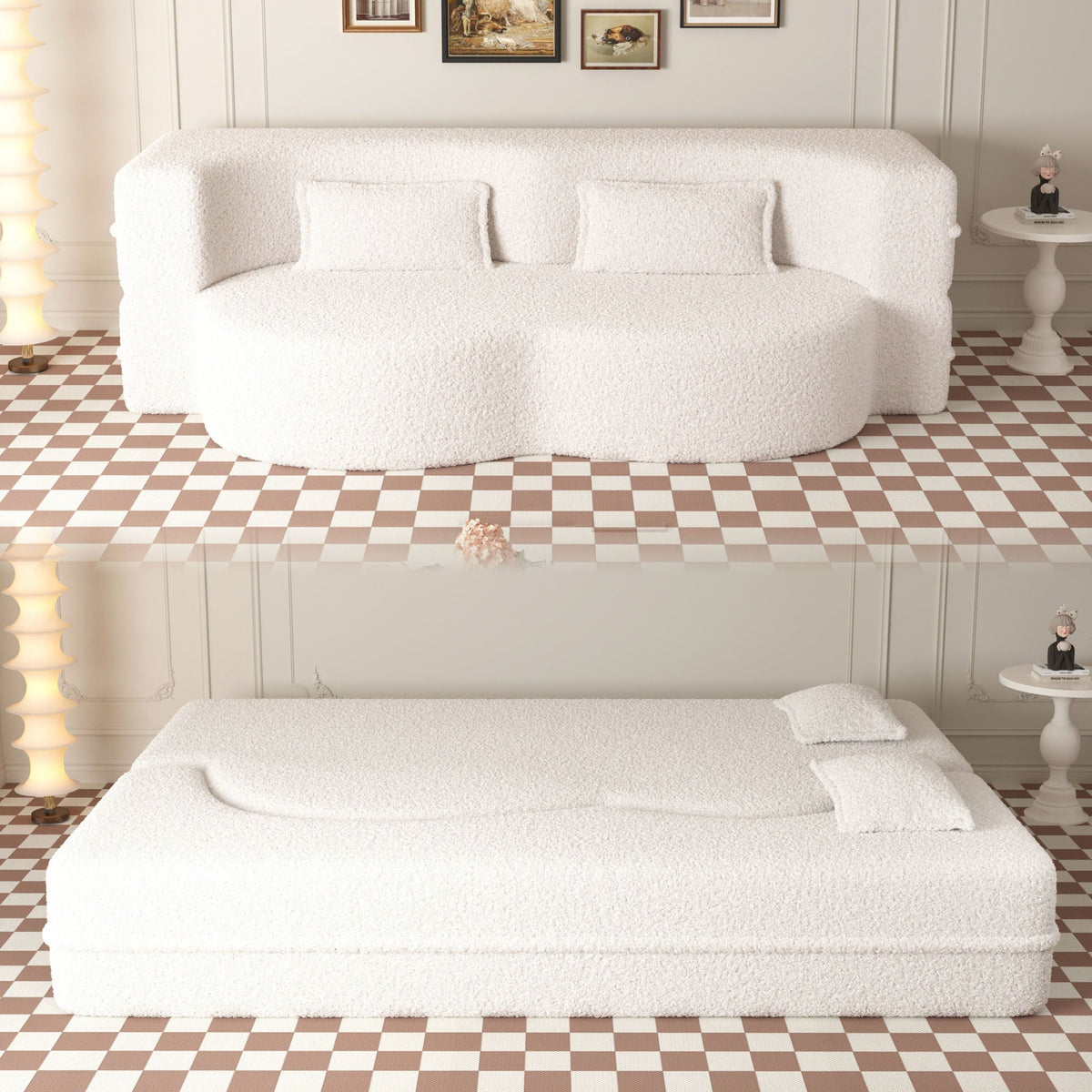 Modern Floor Futon Sofa Bed with Teddy Fabric and Two Pillows - Multiple Colors