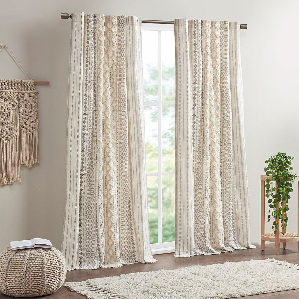 Cotton Printed Curtain Panel with Chenille Stripe - Ivory