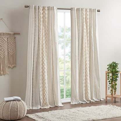 Cotton Printed Curtain Panel with Chenille Stripe - Ivory