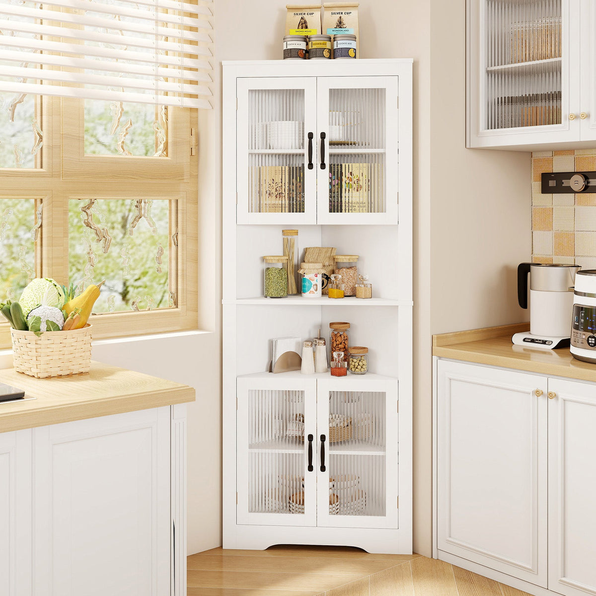 67 Inch Tall Corner Cabinet Triangular Buffet Cabinet with Tempered Glass Doors-White