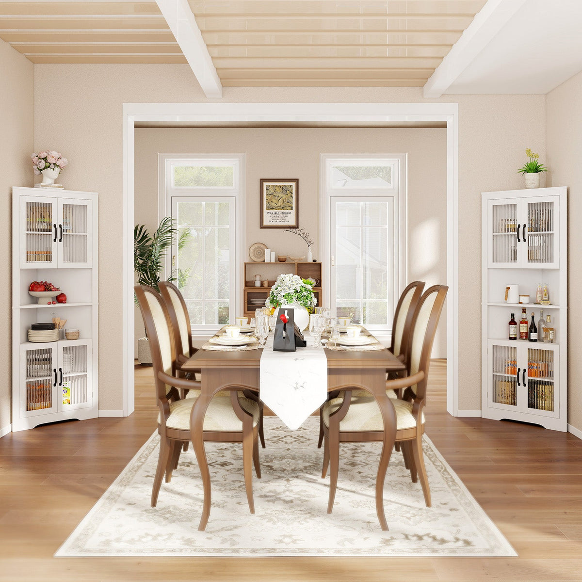 67 Inch Tall Corner Cabinet Triangular Buffet Cabinet with Tempered Glass Doors-White
