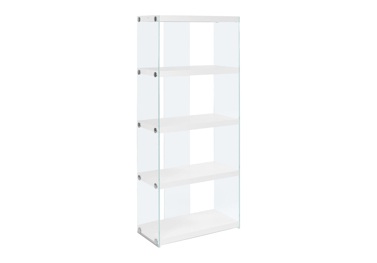 5-Tier White Bookcase with Tempered Glass Sides - White