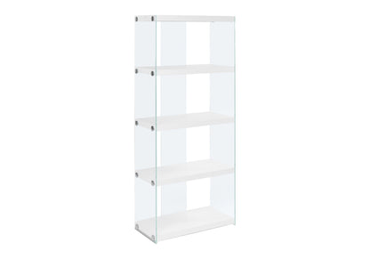5-Tier White Bookcase with Tempered Glass Sides - White