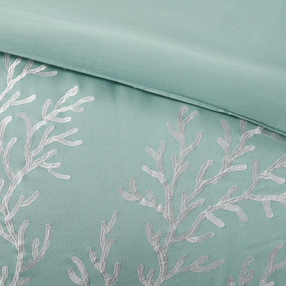 Oversized Cotton Jacquard Comforter Set with Coral Embroidery – Aqua