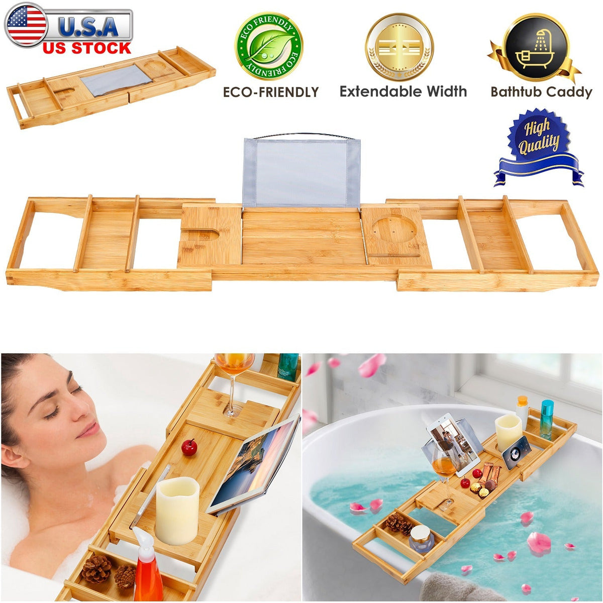 Bathtub Caddy Tray Crafted Bamboo Bath Tray Table Extendable Reading Rack Tablet Phone Holder Wine Glass Holder Shelf Desk Bathroom Spa