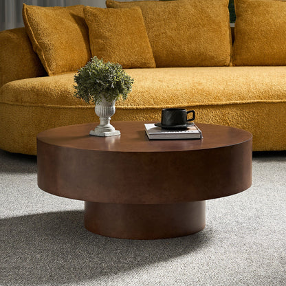 Faux Burl Wood Round Coffee Table with Sturdy Pedestal - Walnut