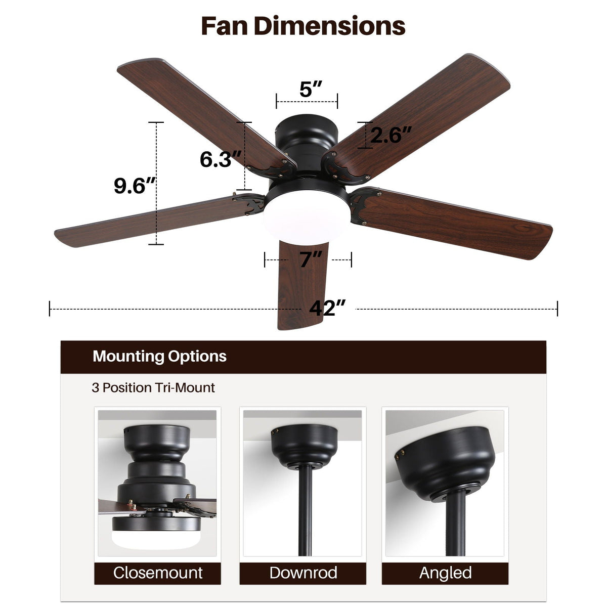 Low Profile Ceiling Fan With Reversible DC Motor, Remote Control, LED Light - Black