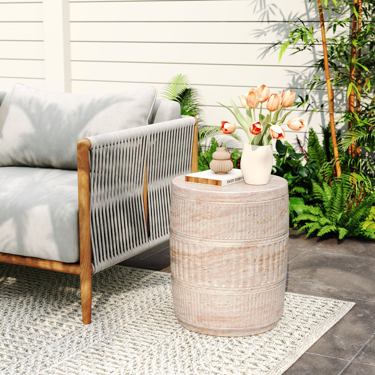 Lightweight Concrete Side Table with Travertine Finish - Beige