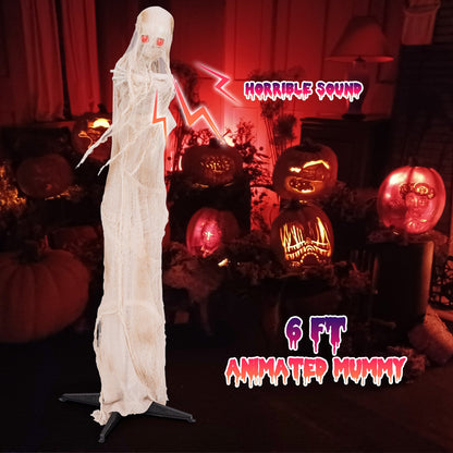 6FT Halloween Animated Standing Mummy with LED Red Glowing Eyes