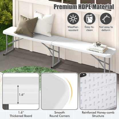 6 Feet Plastic Folding Bench Picnic Camping Dining Seat with Carrying Handle-White