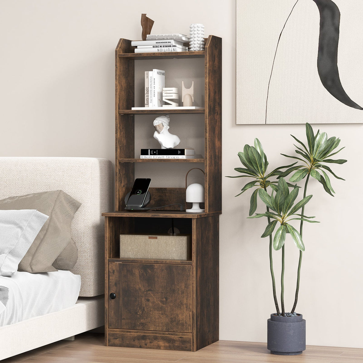 6-Tier Bookshelf Nightstand with Charging Station and Cabinet