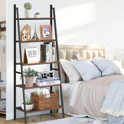 5 Tier Leaning Bookshelf Wood Metal Bookcase