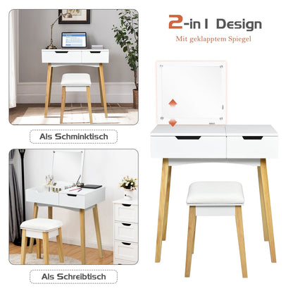 Wooden Vanity Table with Flip Top Mirror and Cushioned Stool