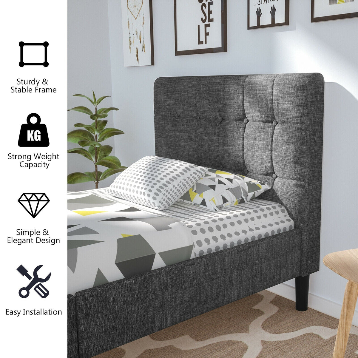 Platform Bed with Button Tufted Headboard