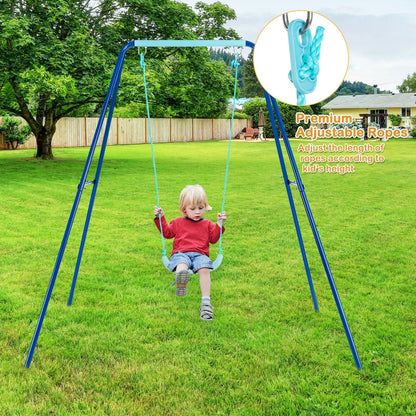 Outdoor Kids Swing Set with Heavy-Duty Metal A-Frame and Ground Stakes