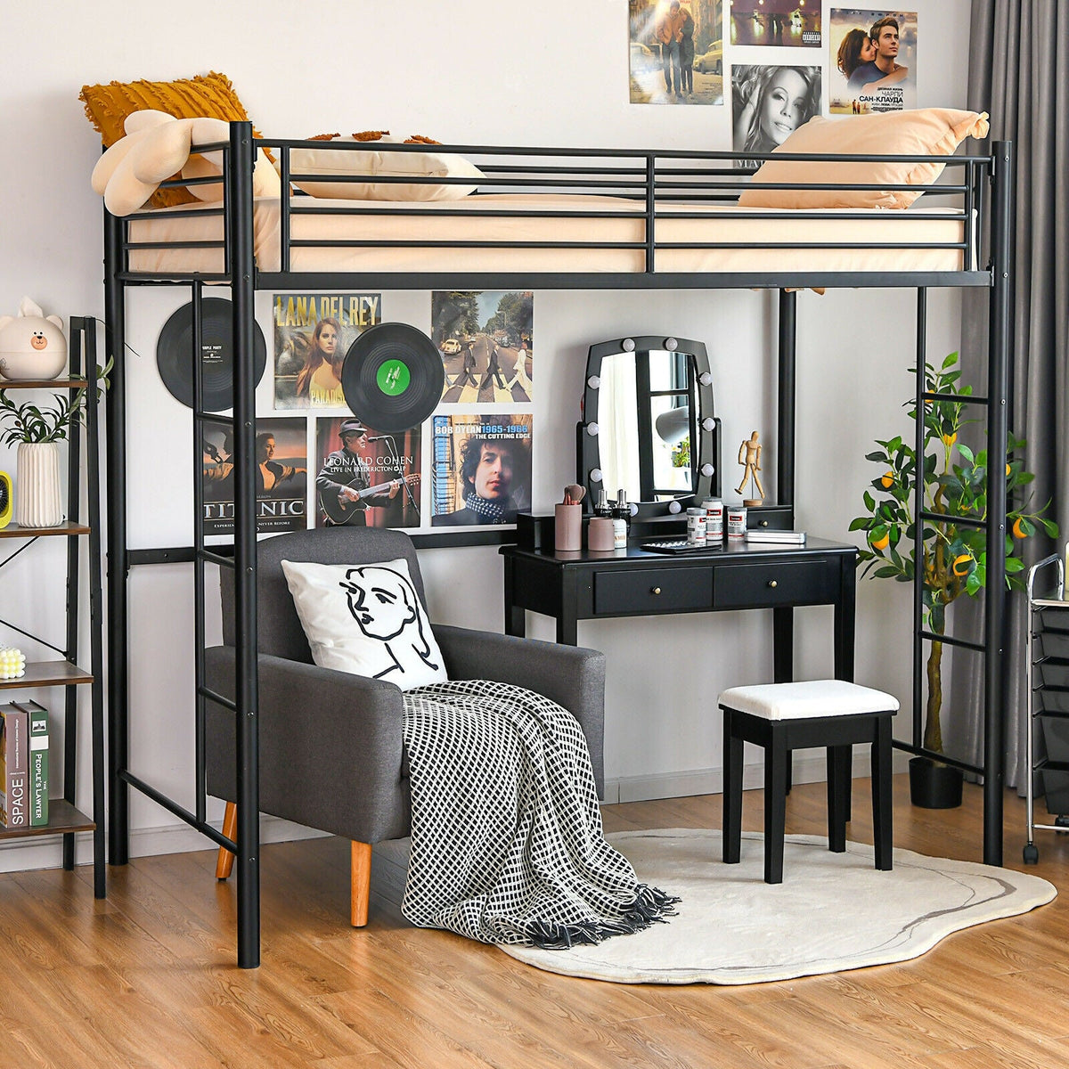 Twin Loft Bed Frame with 2 Ladders Full-length Guardrail