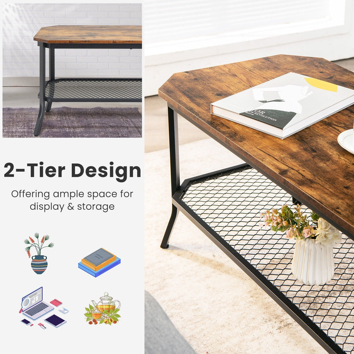 2-Tier Industrial Coffee Table with Open Mesh Storage Shelf for Living Room-Rustic Brown