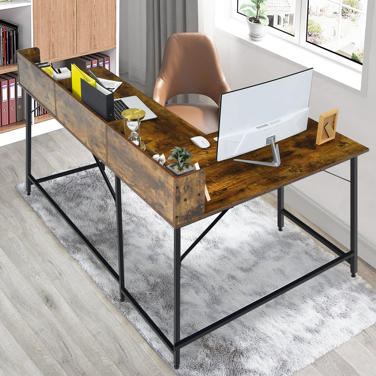 5.5 Inch L-shaped Computer Desk with Bookshelf