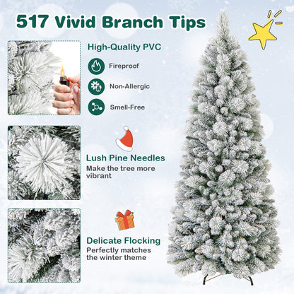 7 Feet Flocked Christmas Tree with Pine Needles and LED Lights