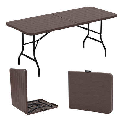 6 Feet Folding Table with Wood Grain HDPE Tabletop and Safe Lock Mechanism