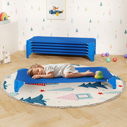 Portable 6 Pack Stackable Daycare Cots Sleeping Bed for Kids 52 Inch-Blue