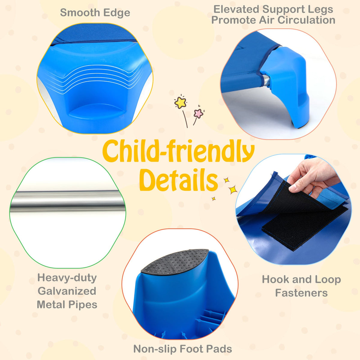 Portable 6 Pack Stackable Daycare Cots Sleeping Bed for Kids 52 Inch-Blue