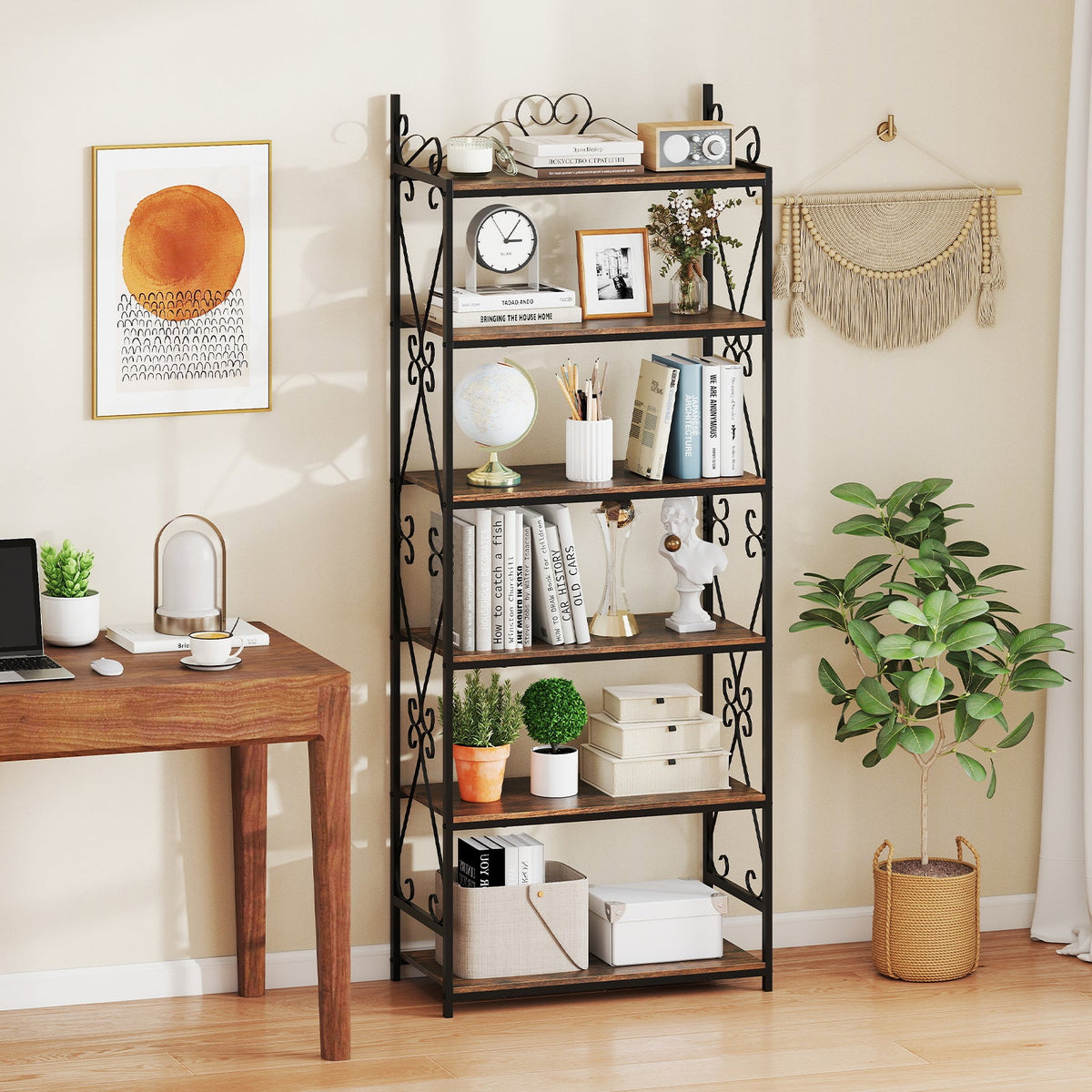 6-Tier Bookshelf Industrial Bookcase with 2 Anti-Tipping Kits and Metal Frame-Rustic Brown